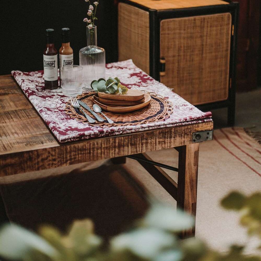 COFFEE Mesa baja de madera tropical envejecida estilo vintage industrial. Plegable.