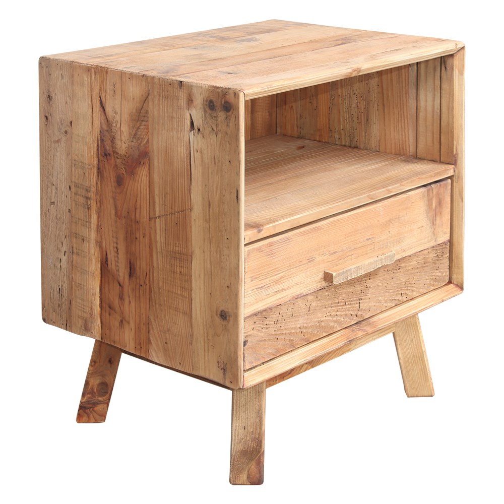 TABLE DE NUIT MENDOZA en bois de pin recyclé | Trouvez-la chez Mister Wils. Plus de 4000m² d'exposition...2
