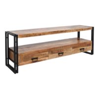 NEPTUNO Meuble TV bas, style industriel avec structure en acier, finition vernis transparent, plateau et tiroirs en bois tropical. Trouvez-le chez Mister Wils. Tables, chaises, canapés, tabourets, étagères, plantes artificielles…2