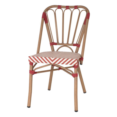 SILLA DE EXTERIOR ORSAY fabricada en aluminio con acabado imitación a madera y textilene. Estilo Bistró. Empilable Ideal para hostelería y hogar. Color rojo.