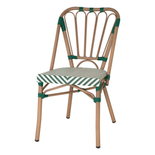 SILLA DE EXTERIOR ORSAY fabricada en aluminio con acabado imitación a madera y textilene. Estilo Bistró. Empilable Ideal para hostelería y hogar. Color verde.