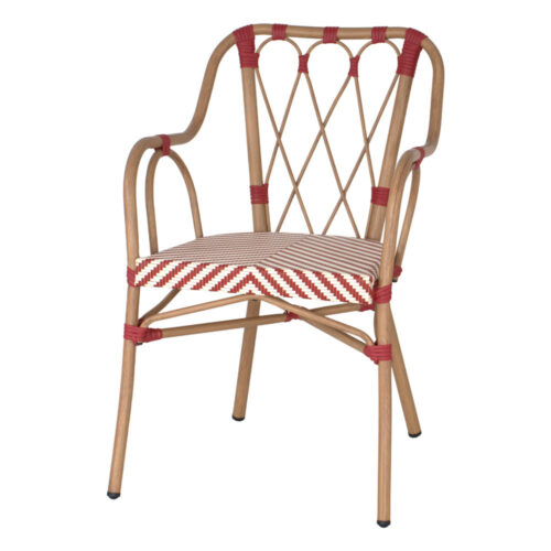 SILLA DE EXTERIOR VALMONT fabricada en aluminio con acabado imitación a madera y textilene. Estilo Bistró. Empilable Ideal para hostelería y hogar. Color rojo.