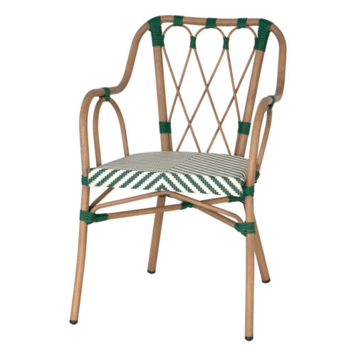 SILLA DE EXTERIOR VALMONT fabricada en aluminio con acabado imitación a madera y textilene. Estilo Bistró. Empilable Ideal para hostelería y hogar. Color verde.