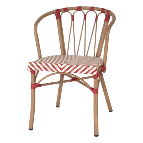 SILLA DE EXTERIOR VENDOME fabricada en aluminio con acabado imitación a madera y textilene. Estilo Bistró. Empilable Ideal para hostelería y hogar. Color rojo.