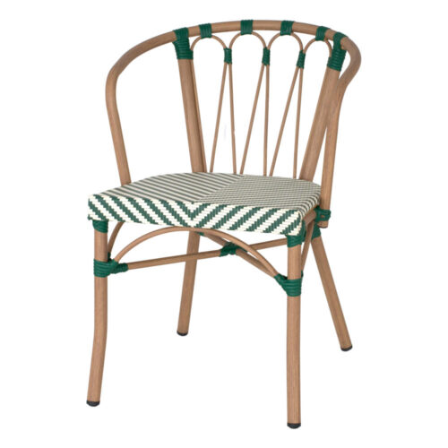 SILLA DE EXTERIOR VENDOME fabricada en aluminio con acabado imitación a madera y textilene. Estilo Bistró. Empilable Ideal para hostelería y hogar. Color verde.