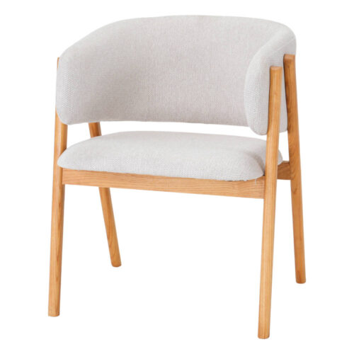 Silla de madera Avelines, de estilo Nórdico. Fabricada en madera de olmo torneada. Acabado natural. Assise et dossier tapissés en tissu.beige