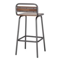 TABOURET HAUT MÉTAL ET BOIS ANKARA style industriel, finition laqué transparent, assise et dossier en bois tropical. 4