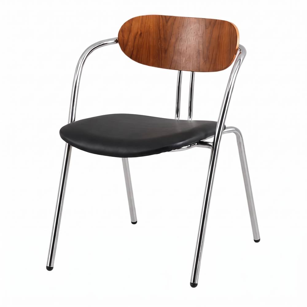 Silla de metal y madera Bexley, de estilo Mid-Century.
Estructura de acero acabado en cromo.
Respaldo de contrachapado en color nogal.
Asiento tapizado en PU.