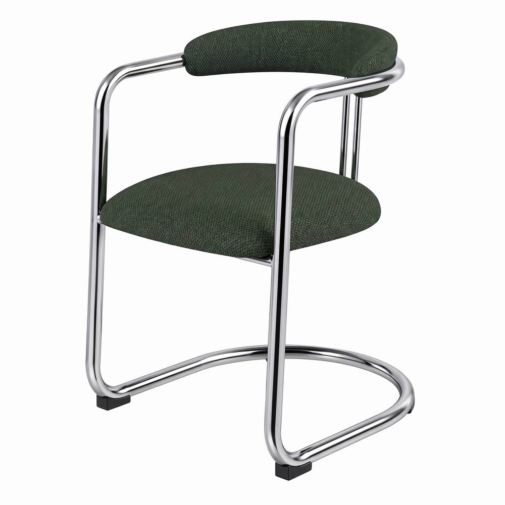 SILLA DE METAL TAPIZADA HARLOW estilo Contemporáneo con una estructura de acero de acabado cromado y un elegante tapizado textil en color verde bosque