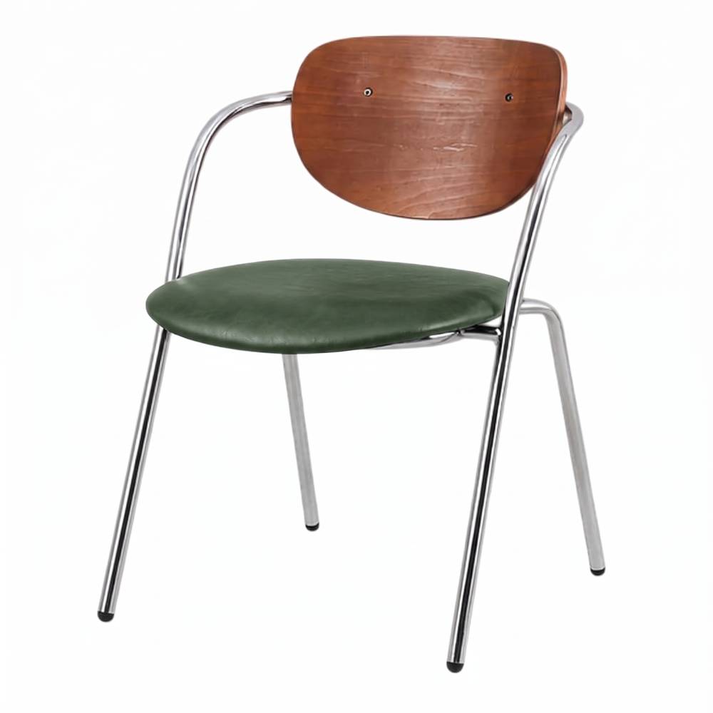 CHAISE EN MÉTAL TAPISSÉE LANGLEY de style Mid-Century, avec une structure en acier chromé, un dossier en contreplaqué plaqué noyer et une assise revêtue de tissu noir