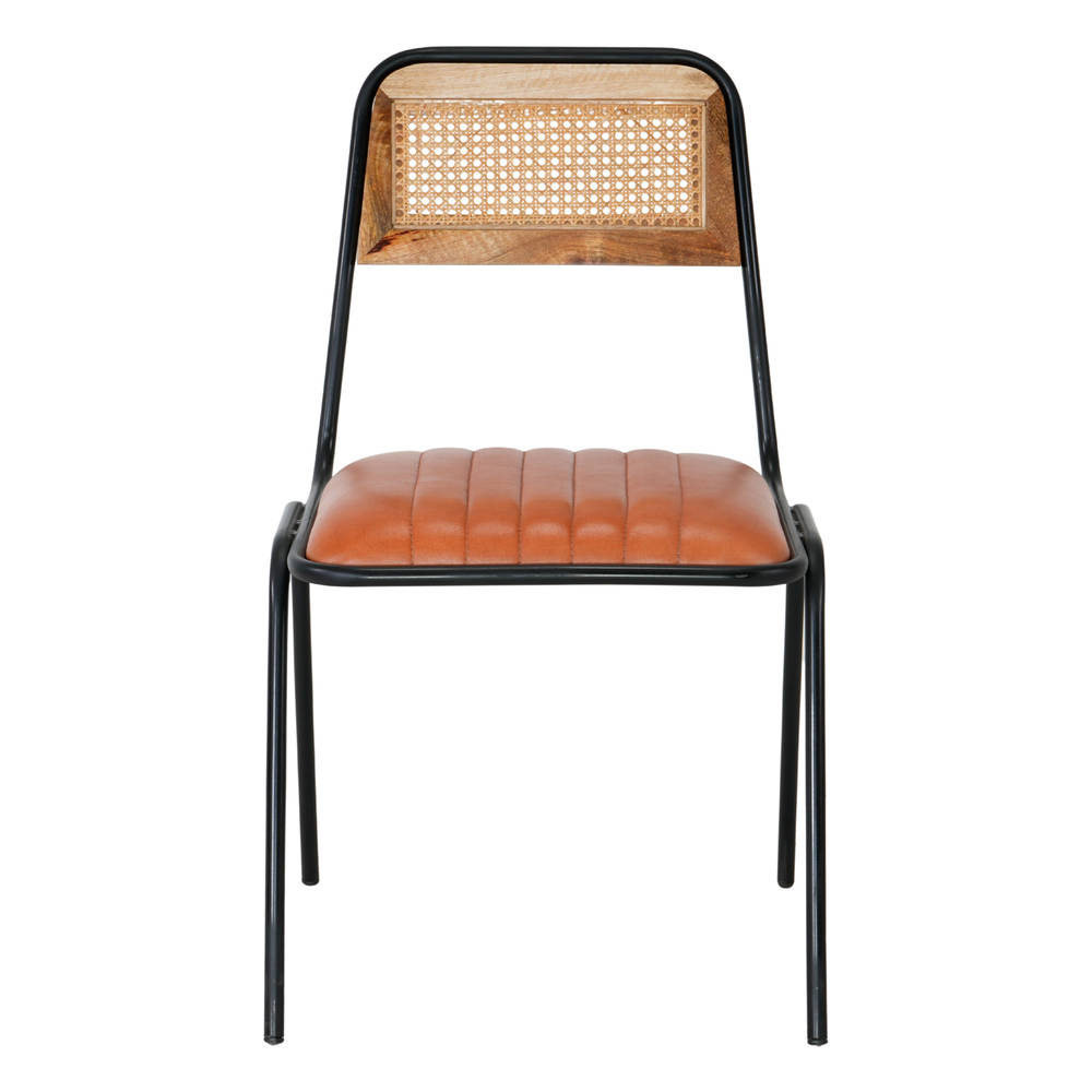 SILLA DE METAL Y PIEL SLIPPER estilo Industrial  con asiento de piel y respaldo de rejilla. Frontal