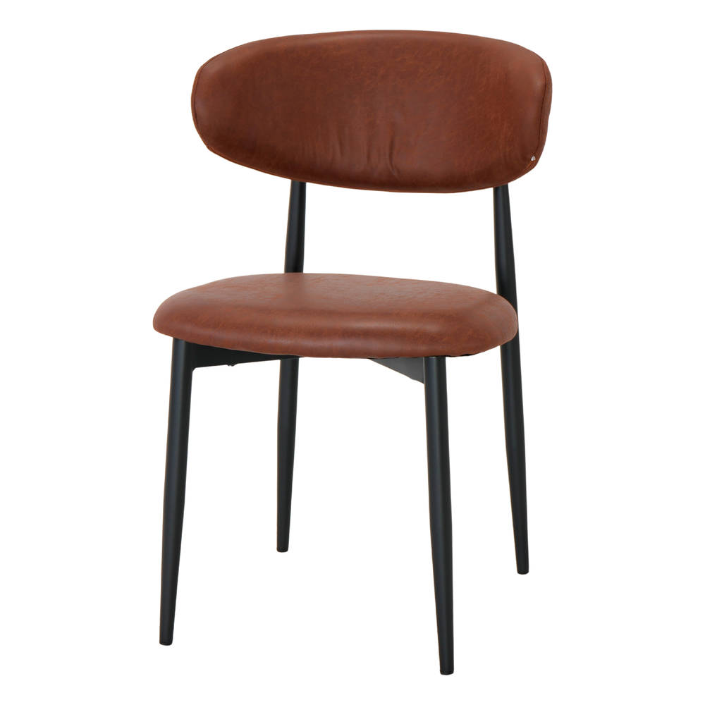 Silla tapizada Teddy, estilo Contemporáneo. Estructura de metal (patas de aguja). Finition en peinture noire. Asiento y respaldo tapizados en símil piel. marrón