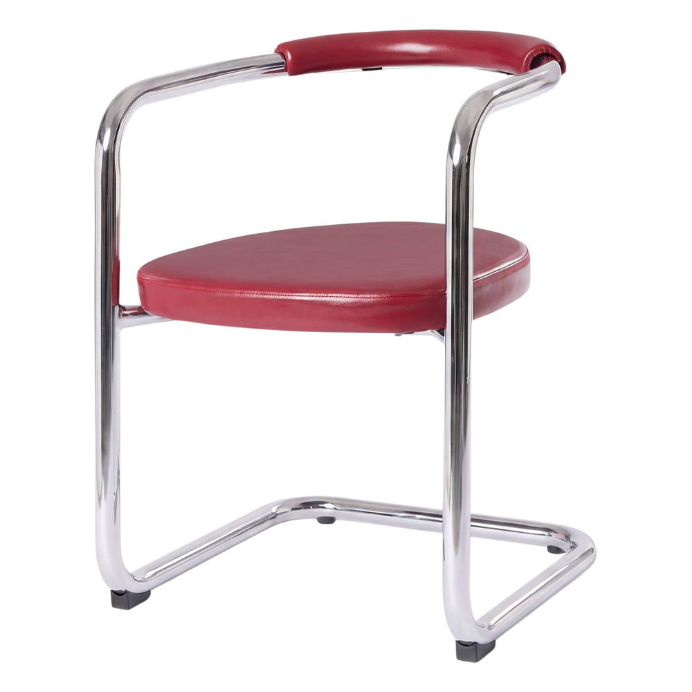 Silla de metal tapizada Weimar, de estilo contemporáneo.
Estructura de acero con acabado en cromo.
Asiento tapizado en PU. Burdeos.