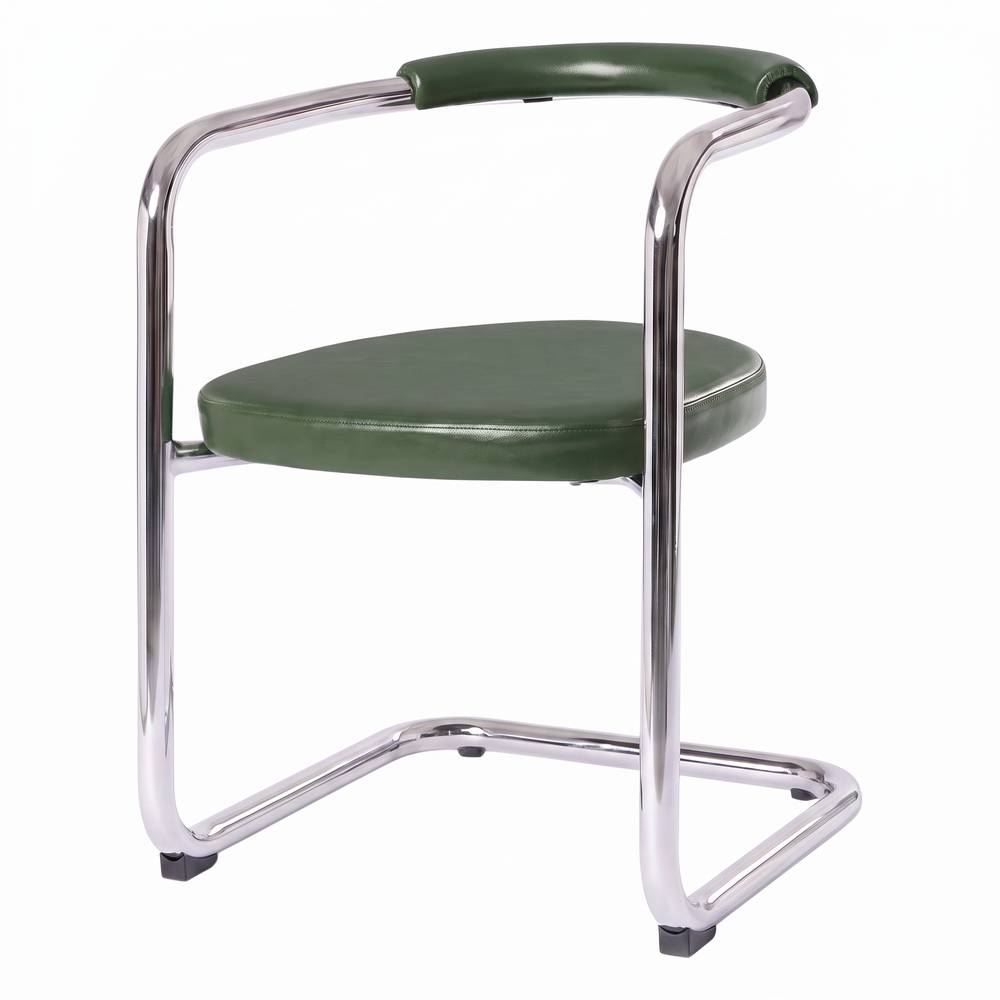 Silla de metal tapizada Weimar, de estilo contemporáneo.
Estructura de acero con acabado en cromo.
Asiento tapizado en PU. Verde.
