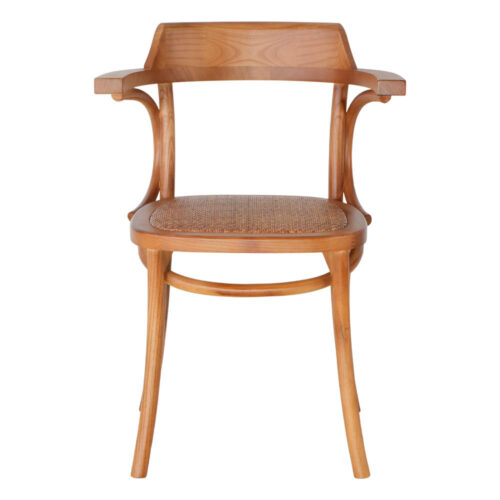 Silla de madera Ematy con reposabrazos estilo Bistró. Estructura fabricada en madera de olmo con acabado en tono roble. Asiento en ratán natural trenzado. frontal