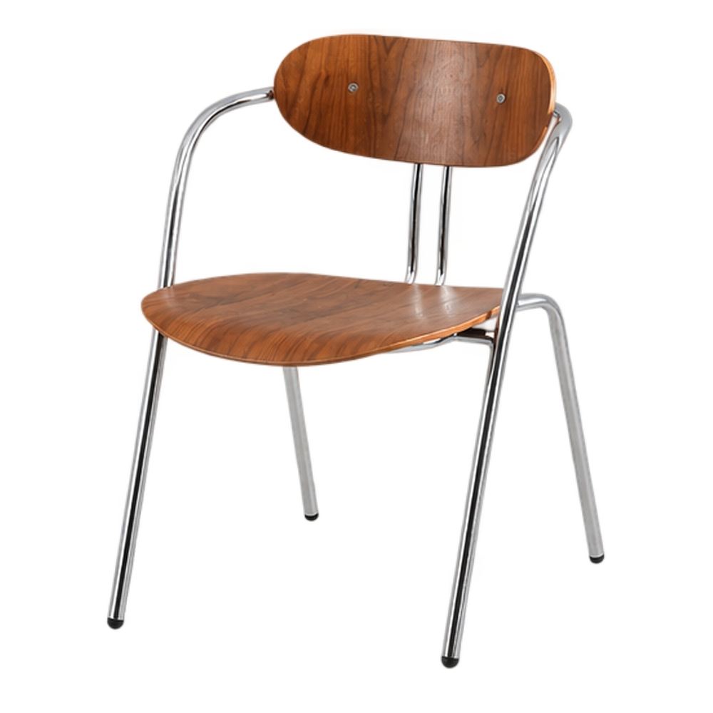 misterwils-silla-metal-madera-bexley SILLA DE METAL Y MADERA BEXLEY estilo Mid Century con estructura tubular de acero cromado y asiento y respaldo de contrachapado en color nogal.