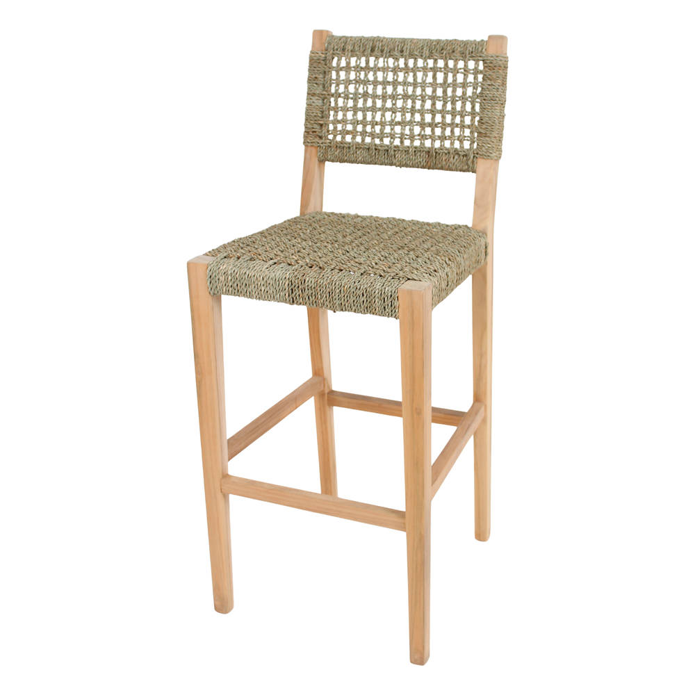Taburete alto de madera y fibra Barong, de estilo Mediterráneo.
Estructura de madera maciza de teka.
Asiento y respaldo en fibra marina trenzada.