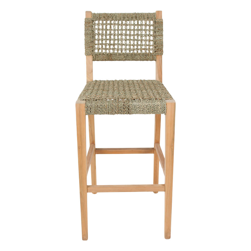 Taburete alto de madera y fibra Barong, de estilo Mediterráneo.
Estructura de madera maciza de teka.
Asiento y respaldo en fibra marina trenzada.
frontal